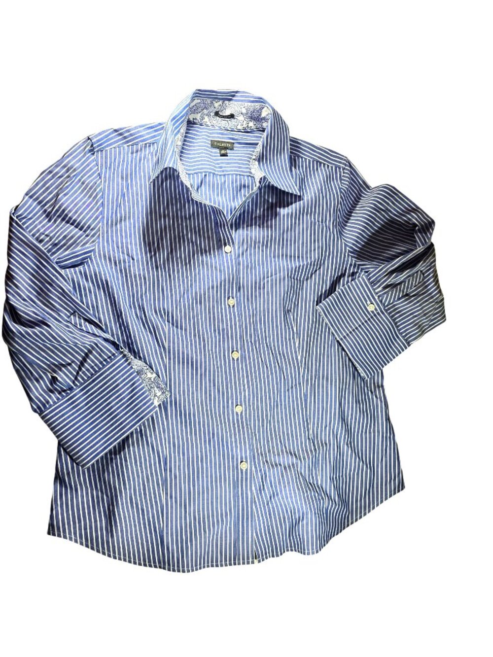 Talbots Shirt blouse Blue White Striped Button-up Sz14 Paisley Cuff nautical